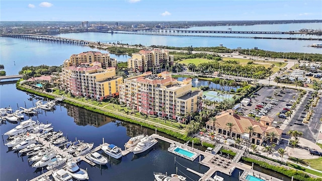 drone / aerial view featuring a water view