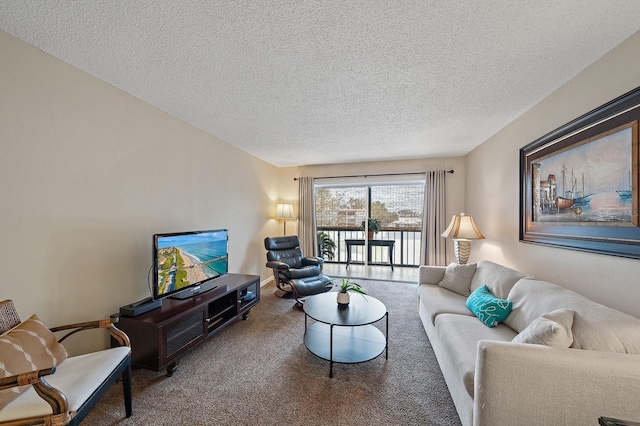 living room with a textured ceiling and carpet flooring