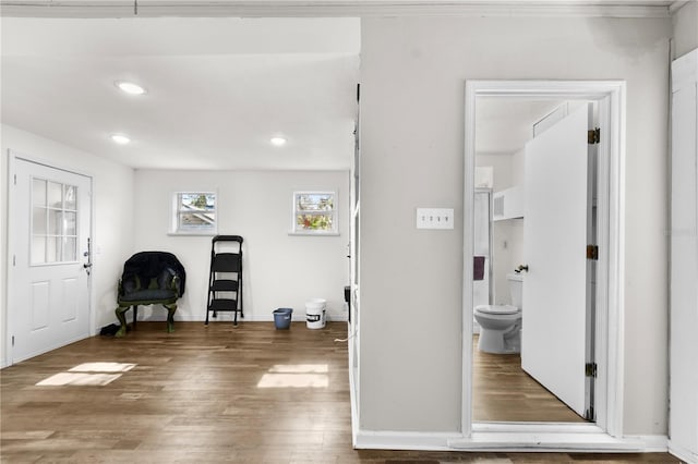 interior space with dark hardwood / wood-style floors