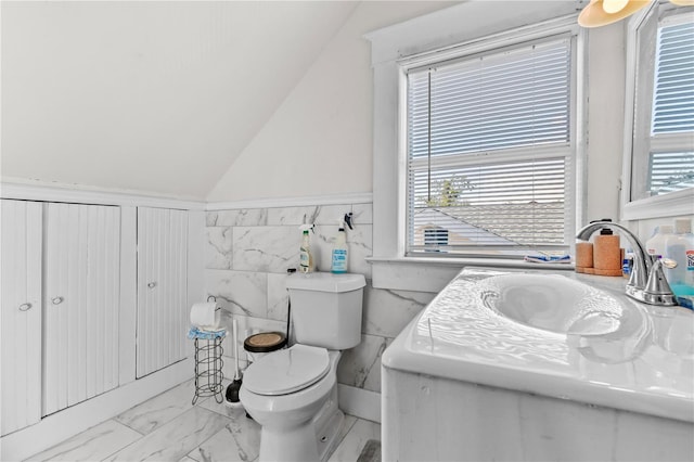 bathroom with vanity, lofted ceiling, and toilet