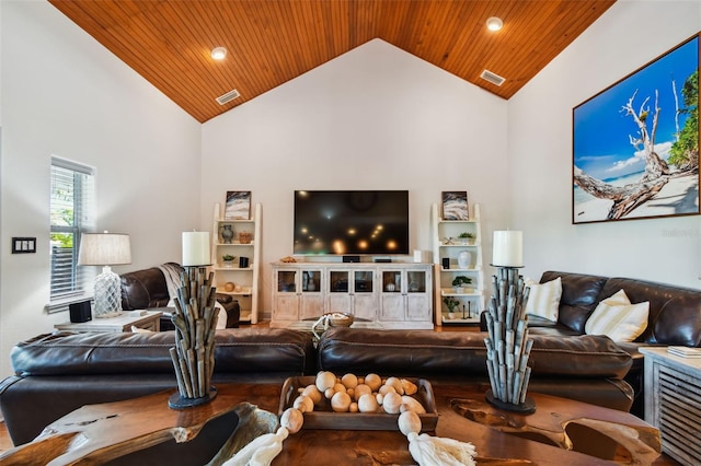 living room with built in shelves, high vaulted ceiling, wooden ceiling, and hardwood / wood-style flooring