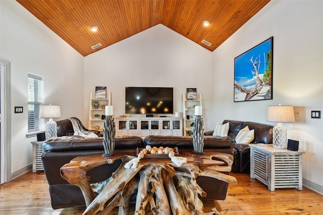 living room featuring light wood-type flooring, high vaulted ceiling, and wood ceiling