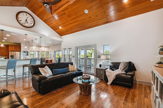 living room with high vaulted ceiling, french doors, ceiling fan, light wood-type flooring, and wood ceiling