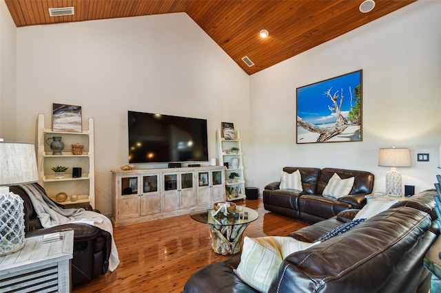 living room featuring built in features, wood-type flooring, high vaulted ceiling, and wood ceiling