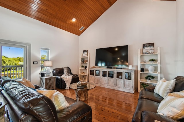 living room featuring hardwood / wood-style floors, built in shelves, wood ceiling, and high vaulted ceiling