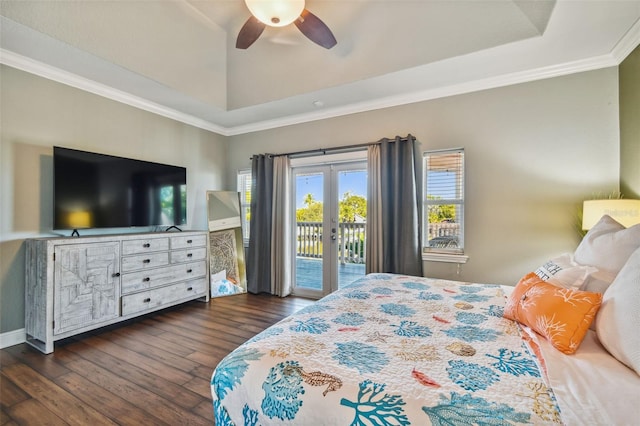 bedroom with access to outside, crown molding, ceiling fan, and dark wood-type flooring