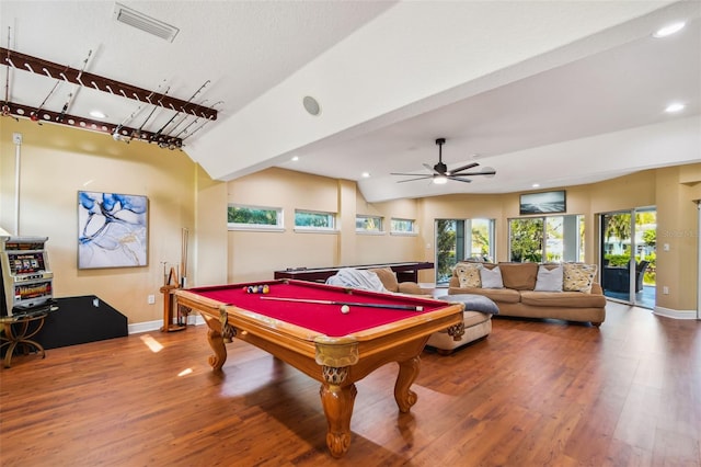 recreation room with hardwood / wood-style floors, ceiling fan, lofted ceiling, and pool table