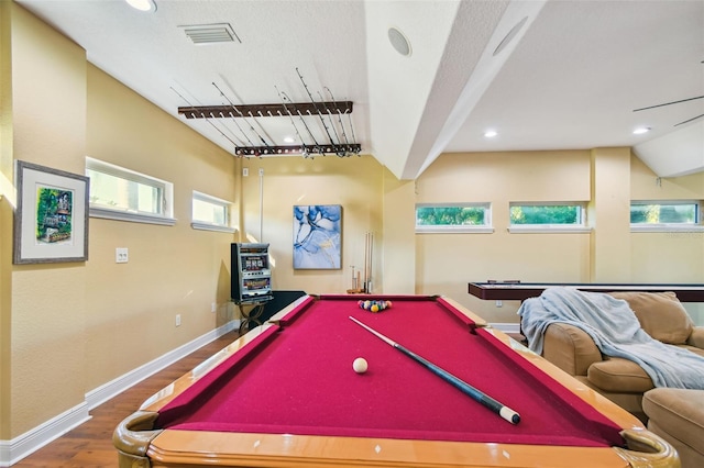 recreation room featuring wood-type flooring, lofted ceiling, and pool table