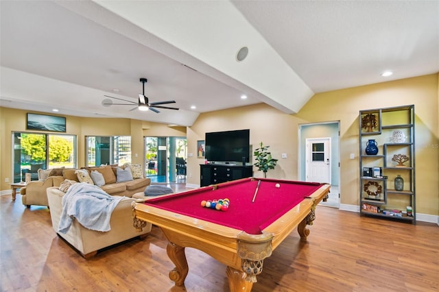 game room featuring hardwood / wood-style flooring, ceiling fan, lofted ceiling, and pool table