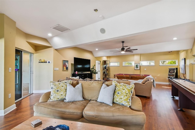 living room featuring ceiling fan, dark wood-type flooring, vaulted ceiling, and billiards