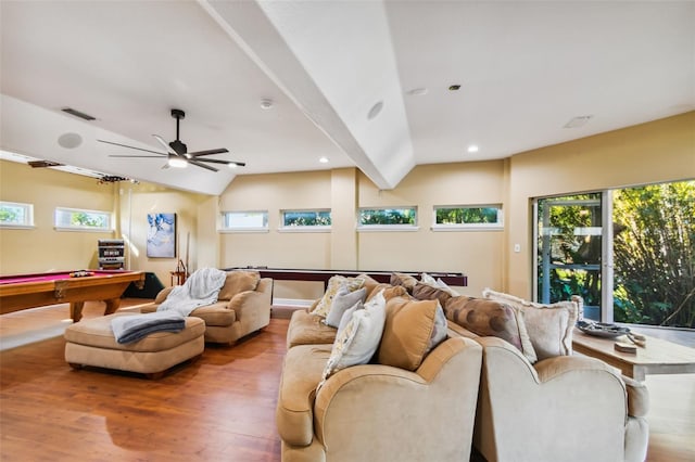 cinema room featuring lofted ceiling with beams, hardwood / wood-style flooring, ceiling fan, and billiards