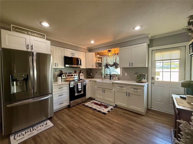 kitchen featuring dark wood-type flooring, sink, a textured ceiling, appliances with stainless steel finishes, and white cabinetry