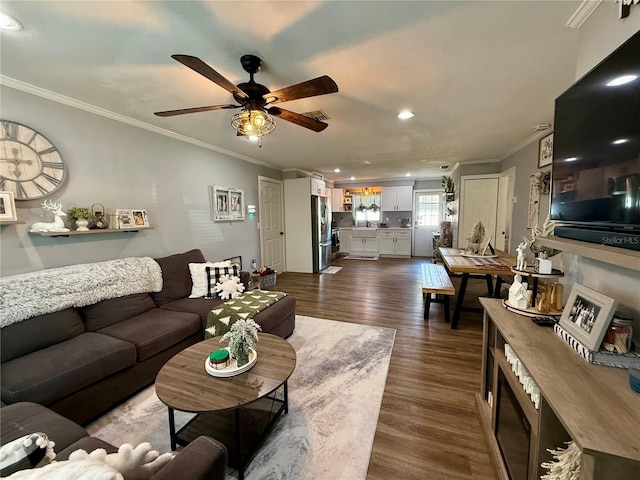 living room featuring sink, ceiling fan, dark hardwood / wood-style flooring, and crown molding