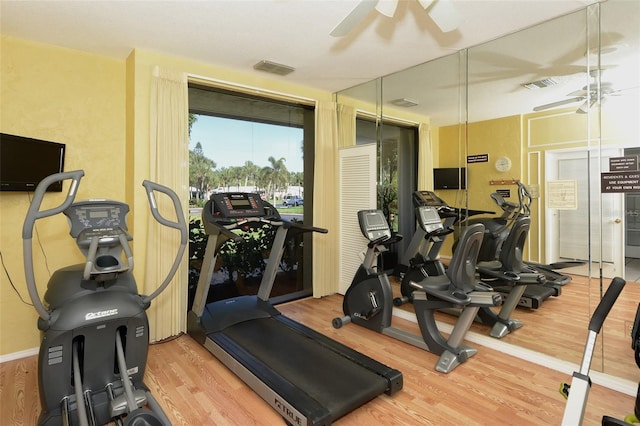 workout area with hardwood / wood-style floors and ceiling fan