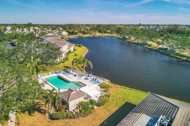 birds eye view of property featuring a water view