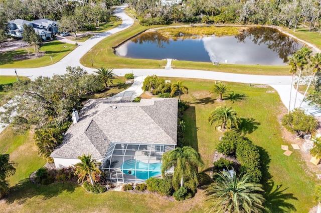 bird's eye view with a water view