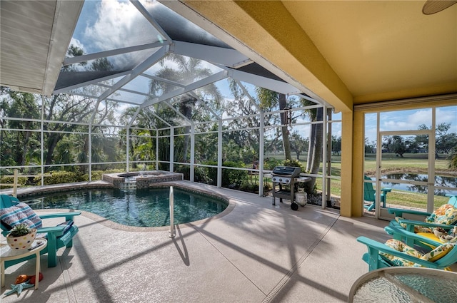 9351 Raes Creek Pl, Palmetto, FL 34221 - swimming pool with an in-ground hot tub, a patio area, a grill, and glass enclosure