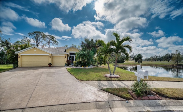 view of front facade featuring a water view, a front yard, and a garage