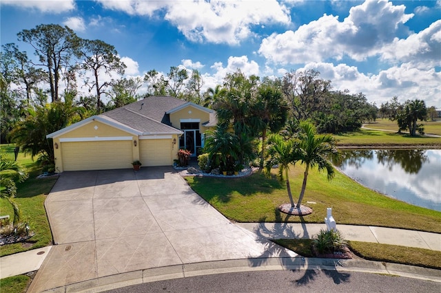 view of front facade featuring a garage, a water view, and a front yard