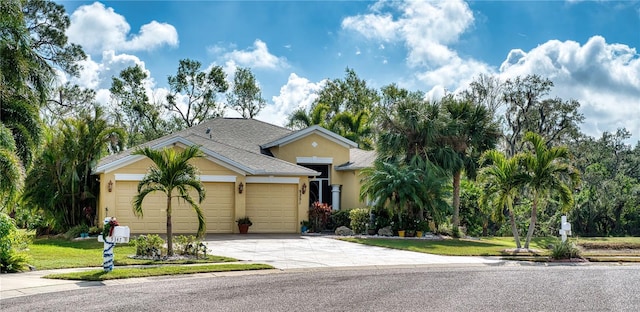 view of front of house with a garage and a front lawn