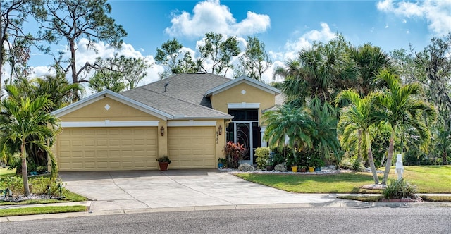 9351 Raes Creek Pl, Palmetto, FL 34221 - view of front of home featuring stucco siding, an attached garage, driveway, a shingled roof, and a front yard