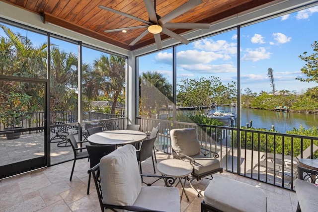 sunroom / solarium featuring ceiling fan, a water view, and wood ceiling