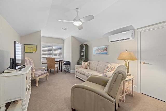 carpeted living room with ceiling fan, a wall unit AC, and vaulted ceiling