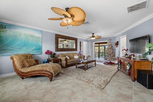 living room with ornamental molding