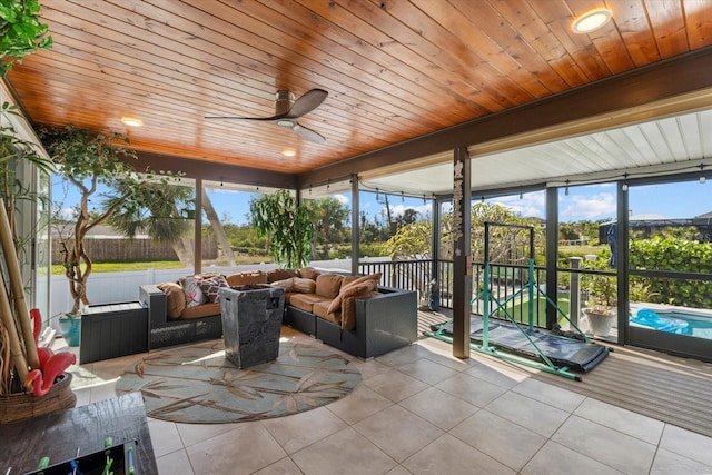 sunroom / solarium with beam ceiling, ceiling fan, and wooden ceiling