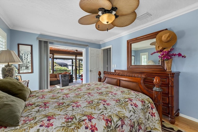 bedroom featuring wood-type flooring, access to outside, ceiling fan, and ornamental molding