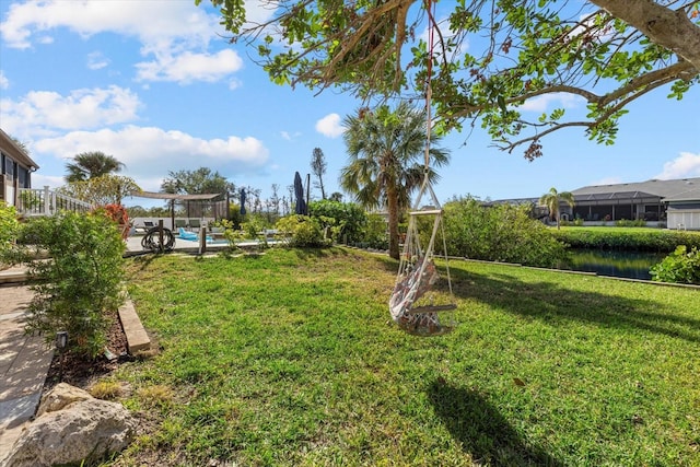 view of yard with a water view