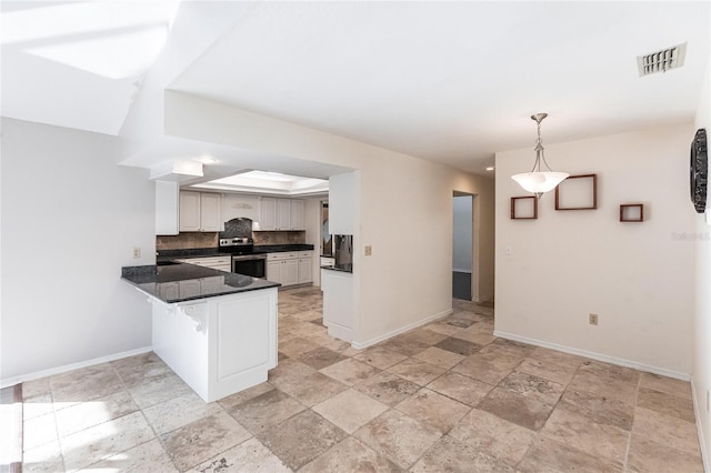 kitchen featuring white cabinetry, kitchen peninsula, electric stove, backsplash, and pendant lighting