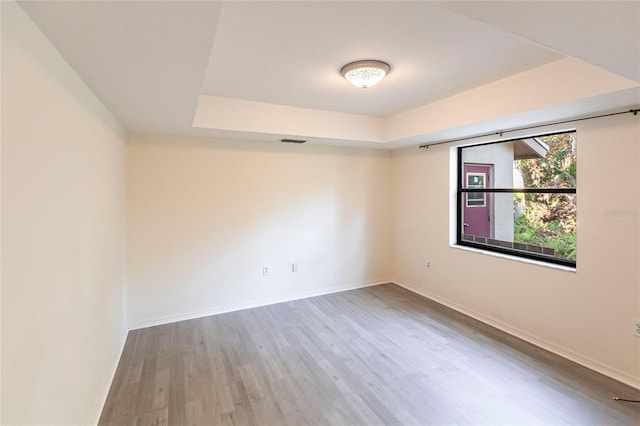 empty room featuring a raised ceiling and wood-type flooring