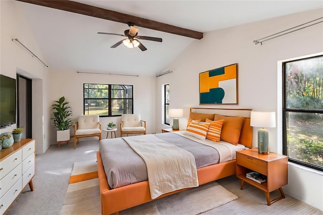 bedroom featuring light carpet and vaulted ceiling with beams