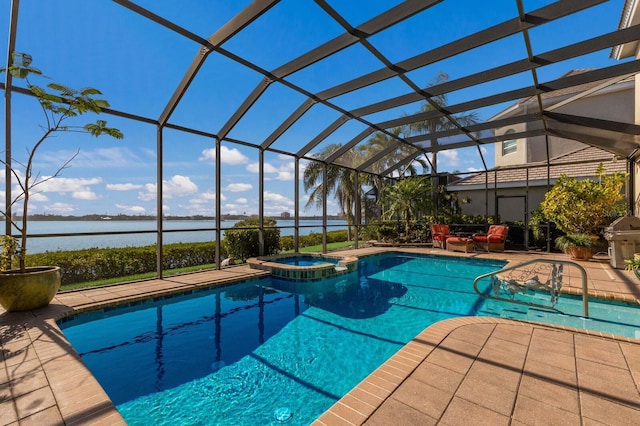 view of pool featuring a lanai, a water view, a patio area, an in ground hot tub, and area for grilling