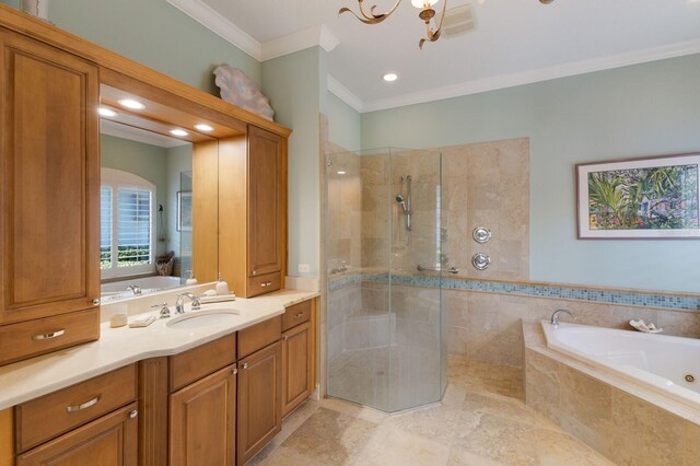 bathroom featuring crown molding, vanity, a chandelier, and shower with separate bathtub