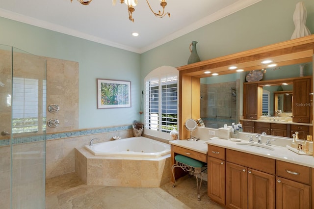 bathroom with plus walk in shower, tile patterned flooring, a chandelier, vanity, and ornamental molding