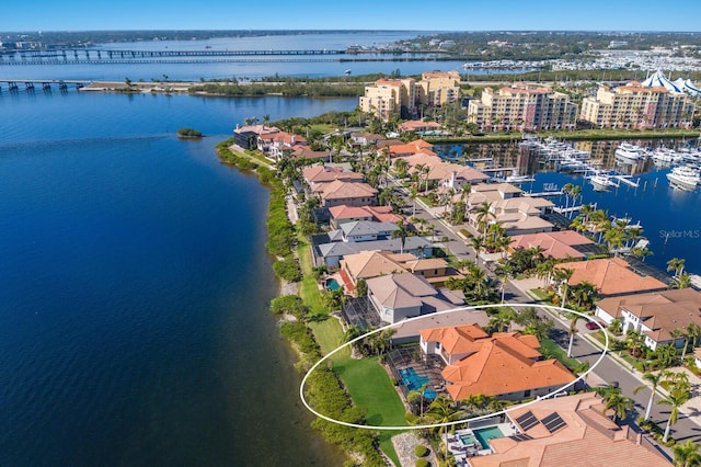 aerial view featuring a water view