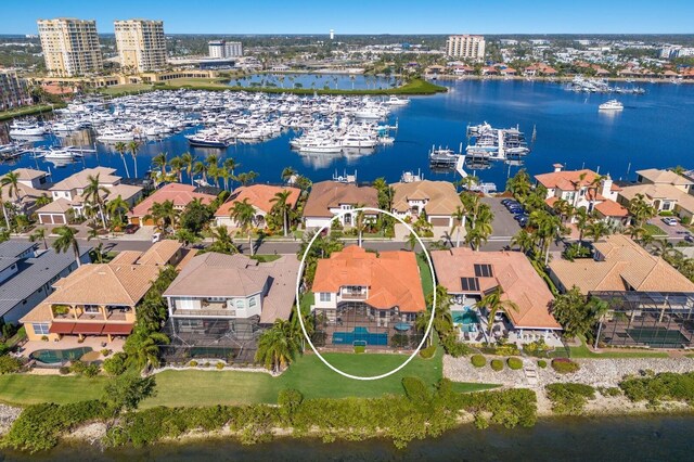 aerial view featuring a water view