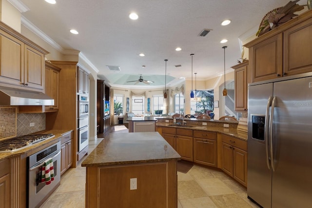 kitchen featuring visible vents, a peninsula, a kitchen island, appliances with stainless steel finishes, and under cabinet range hood