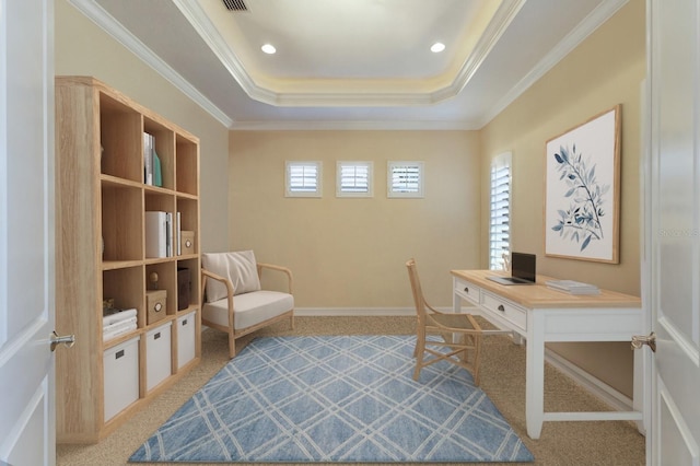 office featuring a tray ceiling, light colored carpet, recessed lighting, ornamental molding, and visible vents