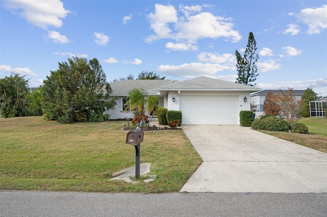 ranch-style home with a front yard and a garage