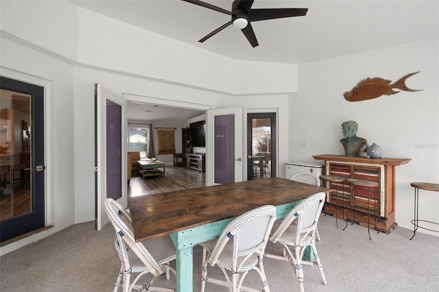 dining room with light wood-type flooring and ceiling fan