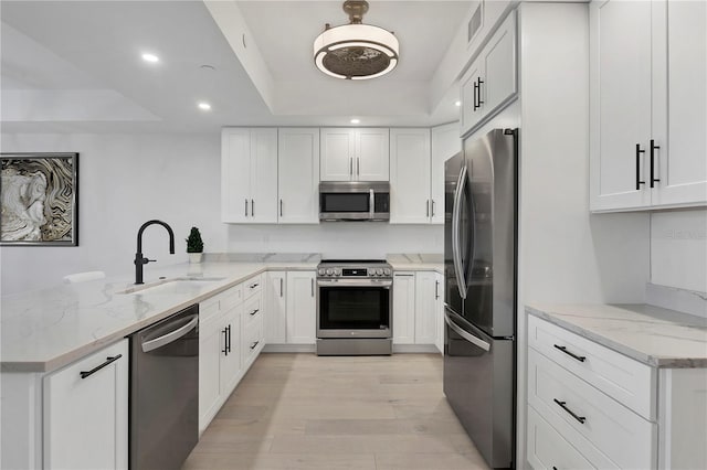 kitchen with kitchen peninsula, light stone counters, stainless steel appliances, a raised ceiling, and sink