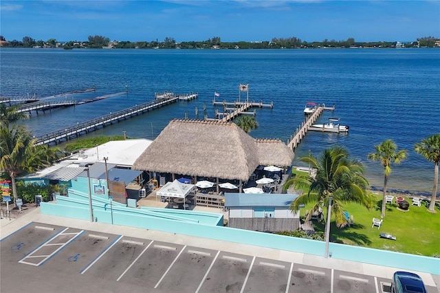 birds eye view of property with a water view