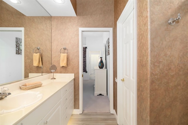 bathroom with vanity and hardwood / wood-style flooring