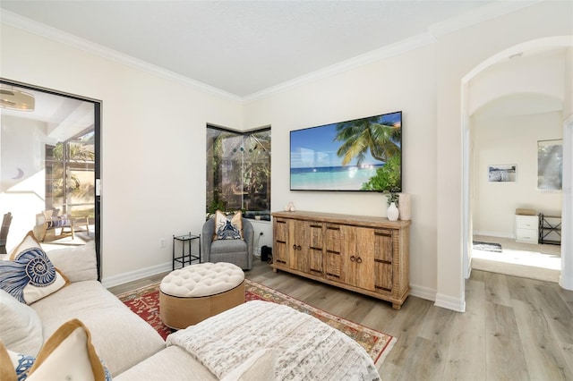 living room featuring light hardwood / wood-style floors and ornamental molding