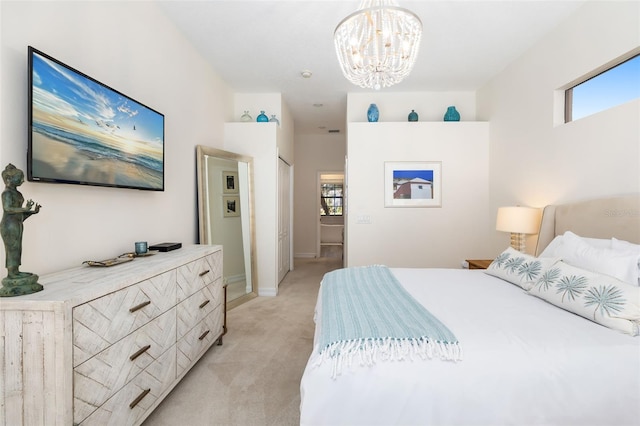 bedroom with a chandelier, light colored carpet, and multiple windows