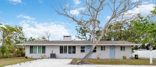339 Suwanee Ave, Sarasota, FL 34243 - ranch-style house featuring a chimney, fence, cooling unit, stucco siding, and a front lawn