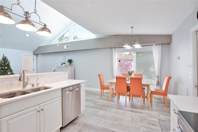 kitchen with white cabinetry, sink, stainless steel dishwasher, pendant lighting, and decorative backsplash